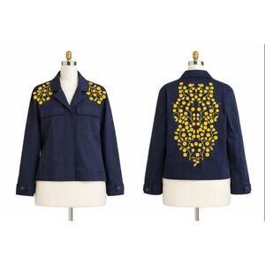Boden Ruby Embroidered Utility Jacket Navy Yellow Floral 10 Petite